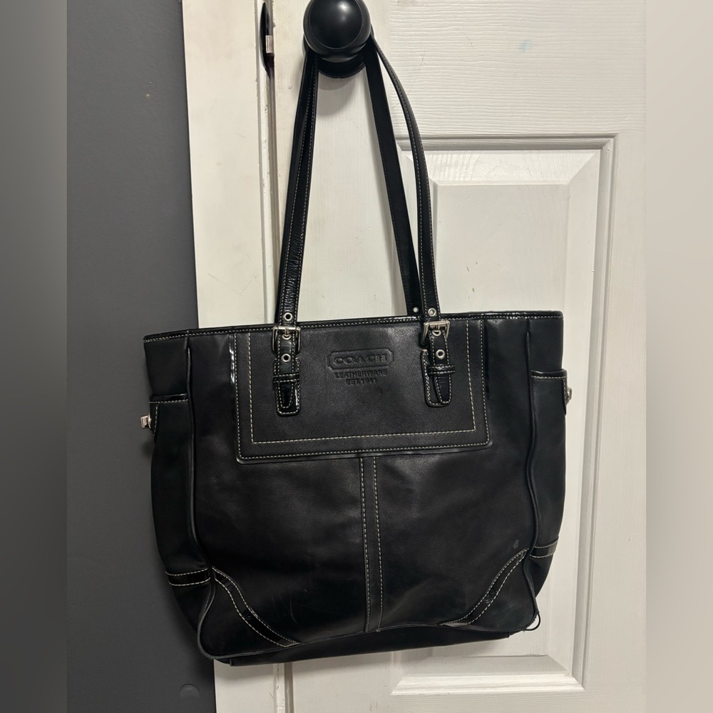 Coach Black Leather Tote with White Stitching